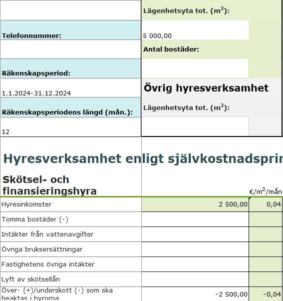 Bilden visar ett urklipp från hyresbestämningskalkylen. Bildens innehåll beskrivs i brödtexten.