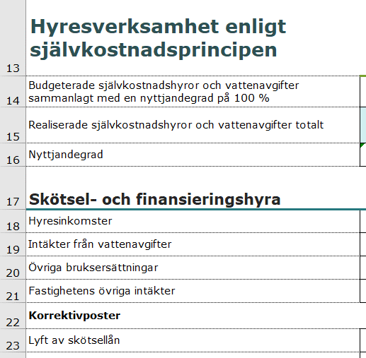 Skärmdump från efterkalkylmallen. Det centrala innehållet beskrivs i texten på sidan.